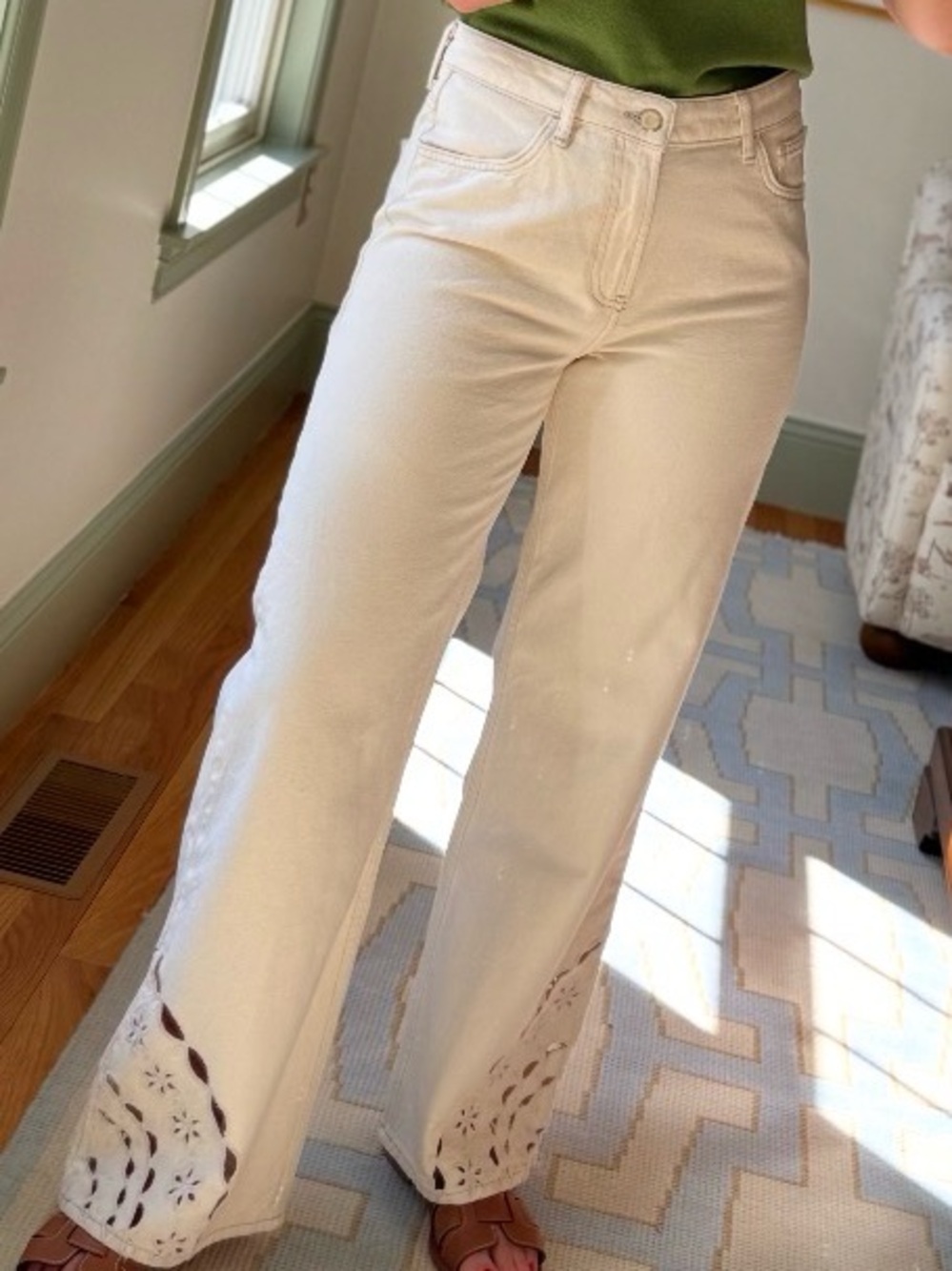 Mavi Cream Wide-Leg Jeans with Laser-Cut Hem Detail